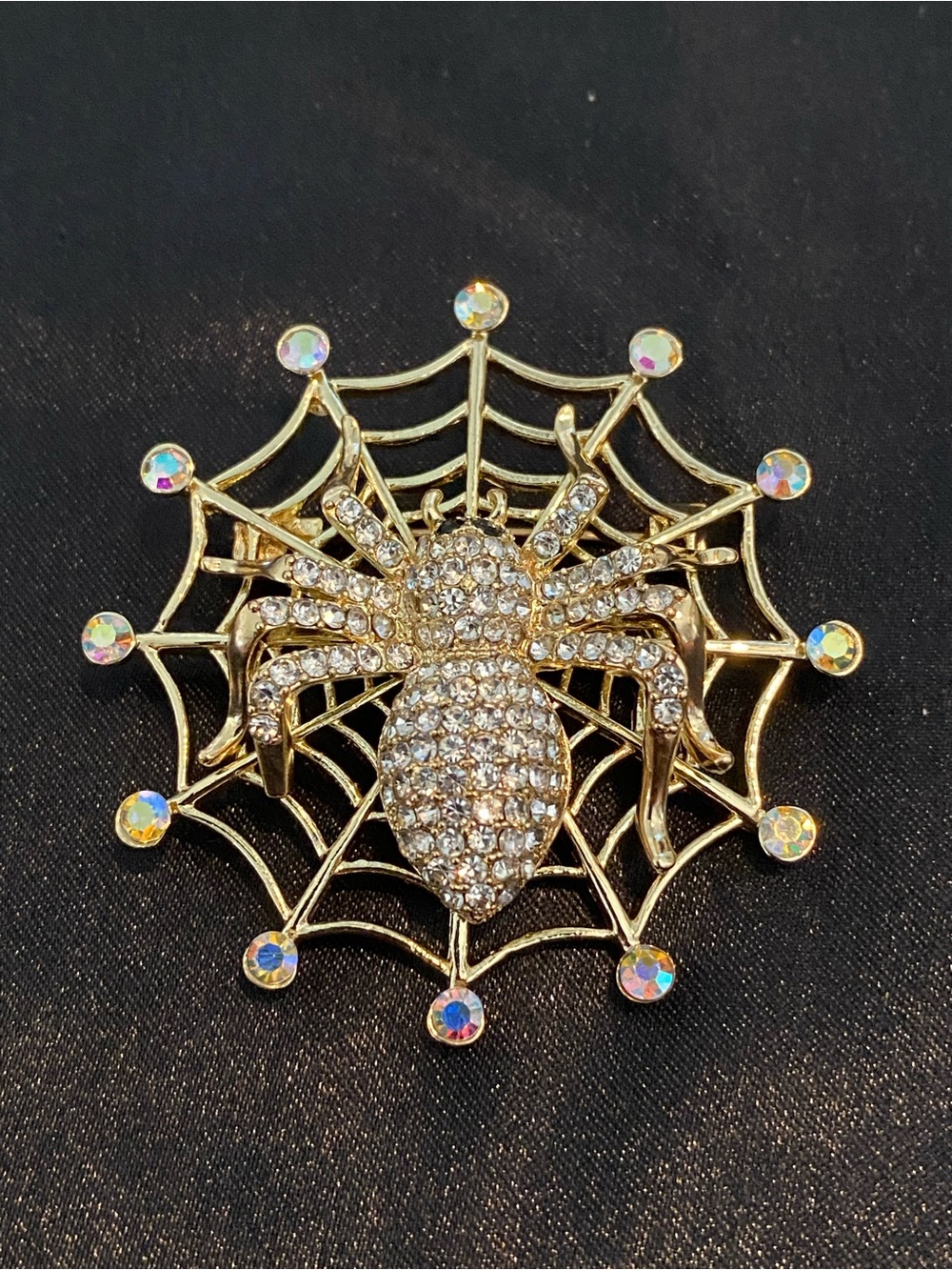 Gold Crystal Spider Web Brooch with Aurora Rhinestones